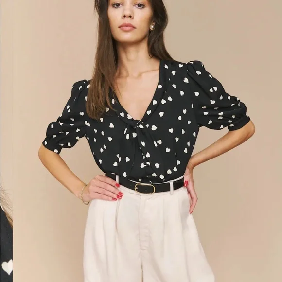 Reformation Joelle Black Heart Print Blouse - Picture 6 of 16